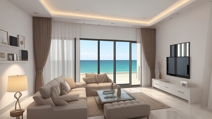 Sofa near blank picture frame on white wall of living room in modern house or luxury hotel. Cozy home interior 3d rendering with beach and sea view