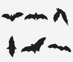 isolated black silhouette of a bat, vector collection