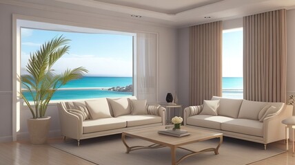 Sofa near blank picture frame on white wall of living room in modern house or luxury hotel. Cozy home interior 3d rendering with beach and sea view