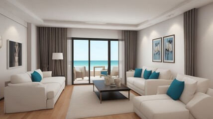 Sofa near blank picture frame on white wall of living room in modern house or luxury hotel. Cozy home interior 3d rendering with beach and sea view