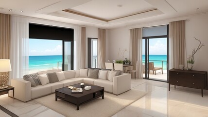 Sofa near blank picture frame on white wall of living room in modern house or luxury hotel. Cozy home interior 3d rendering with beach and sea view
