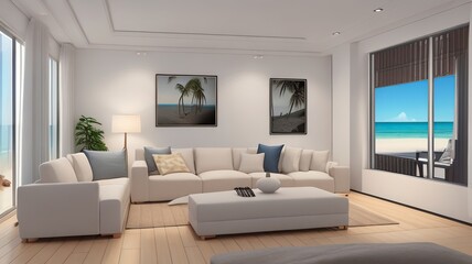Sofa near blank picture frame on white wall of living room in modern house or luxury hotel. Cozy home interior 3d rendering with beach and sea view