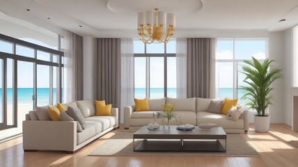 Sofa near blank picture frame on white wall of living room in modern house or luxury hotel. Cozy home interior 3d rendering with beach and sea view