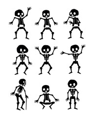 Set of shabby skeletons silhouettes. Halloween skeleton collection