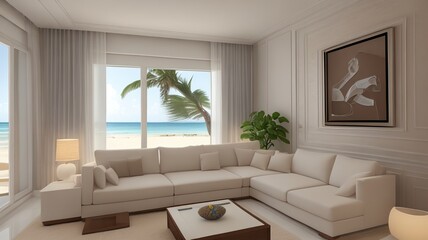 Sofa near blank picture frame on white wall of living room in modern house or luxury hotel. Cozy home interior 3d rendering with beach and sea view