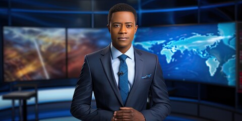 Serious African American TV presenter tells breaking news. Scandals, investigations and breaking news. - obrazy, fototapety, plakaty