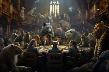  various animals meeting in giant parliament room, a lion king make a presentation, laptops on the table, lion, giraffe, tiger, deer, monkey, crocodile, birds, wolf, elephant, bulls, owl,