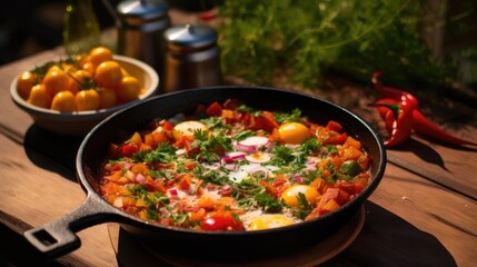 Fototapeta premium Shakshouka is a Maghrebi dish of eggs poached in a sauce of tomatoes
