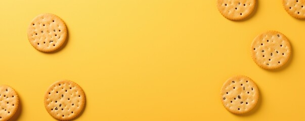 Tasty crispy crackers on a yellow background. Generative AI.