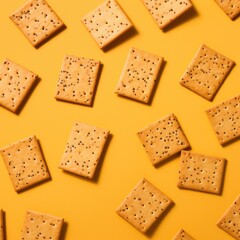 Tasty crispy crackers on a yellow background. Generative AI.