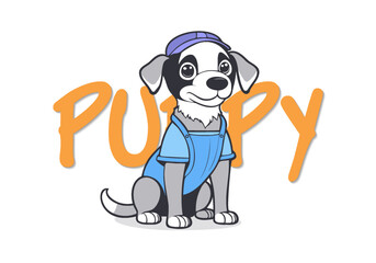 Vector cute funny cartoon sitting white and gray puppy in a blue overalls and a cap on a white isolated background.