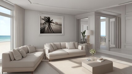 Sofa near blank picture frame on white wall of living room in modern house or luxury hotel. Cozy home interior 3d rendering with beach and sea view