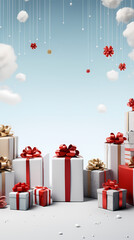 Christmas background with blue sky, clouds and presents