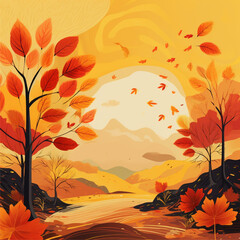 autumn landscape with trees and leaves, autumn background with an orange and yellow background