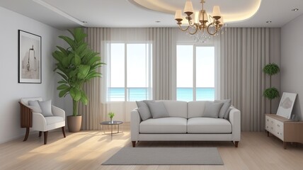 Sofa near blank picture frame on white wall of living room in modern house or luxury hotel. Cozy home interior 3d rendering with beach and sea view