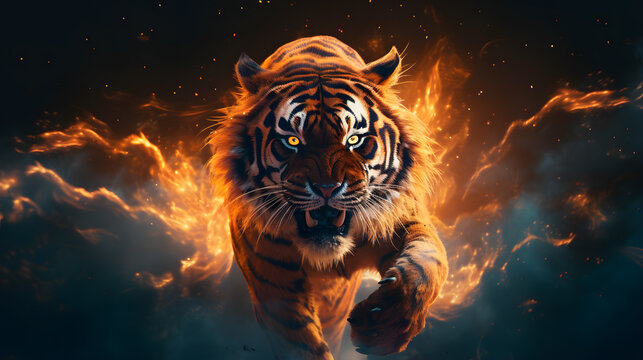 tiger running through the fire with a black background Generative AI
