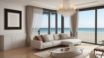 Sofa near blank picture frame on white wall of living room in modern house or luxury hotel. Cozy home interior 3d rendering with beach and sea view