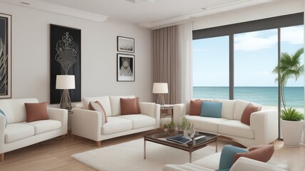 Sofa near blank picture frame on white wall of living room in modern house or luxury hotel. Cozy home interior 3d rendering with beach and sea view