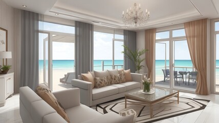 Sofa near blank picture frame on white wall of living room in modern house or luxury hotel. Cozy home interior 3d rendering with beach and sea view