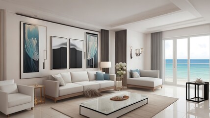 Sofa near blank picture frame on white wall of living room in modern house or luxury hotel. Cozy home interior 3d rendering with beach and sea view