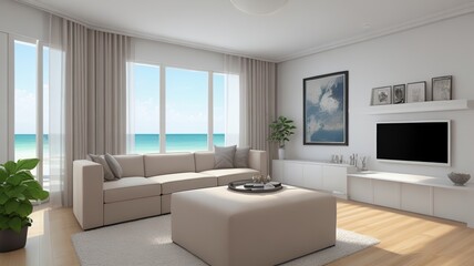 Sofa near blank picture frame on white wall of living room in modern house or luxury hotel. Cozy home interior 3d rendering with beach and sea view