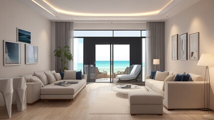 Sofa near blank picture frame on white wall of living room in modern house or luxury hotel. Cozy home interior 3d rendering with beach and sea view