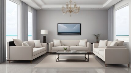 Sofa near blank picture frame on white wall of living room in modern house or luxury hotel. Cozy home interior 3d rendering with beach and sea view