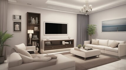 Sofa near blank picture frame on white wall of living room in modern house or luxury hotel. Cozy home interior 3d rendering with beach and sea view