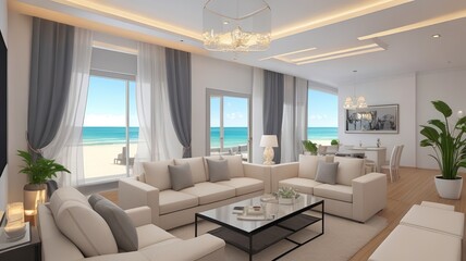 Sofa near blank picture frame on white wall of living room in modern house or luxury hotel. Cozy home interior 3d rendering with beach and sea view