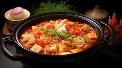 Kimchi jjigae also known as kimchi stew or kimchi soup - obrazy, fototapety, plakaty