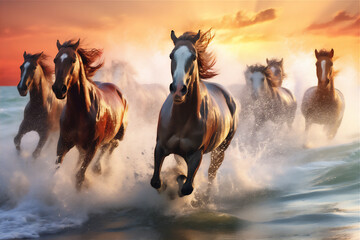 Horses running fast in the beach with dramatic light and sky, giant splash of water, dramatic light and shadow, hyper realistic, hyper detail, winning photo,