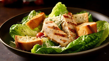 Grilled chicken caesar salad with crunchy croutons and tangy dressin - obrazy, fototapety, plakaty