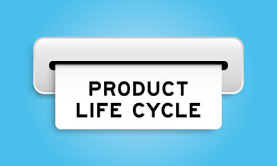White coupon banner with word product life cycle from machine on blue color background