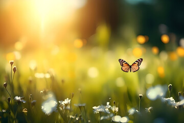 Sunny summer nature background with fly butterfly and wildflowers on Forest glade grass with sunlight and bokeh. beautiful Outdoor nature.