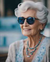 Fototapeta na wymiar A beautiful elderly woman in blue glasses and in blue clothes. Generative AI.