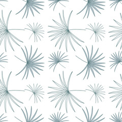 Minimalistic tropical seamless pattern with palm branches on a white background. Pattern for textiles, wrapping paper, covers, postcards, wallpapers.