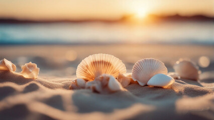 Focus on shells and corals on the sand. Blurry blue sea with bokeh and sunlight in summer