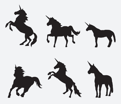 Mythology illustrations set of unicorns silhouette in different poses. Vector pictures of medieval black horses