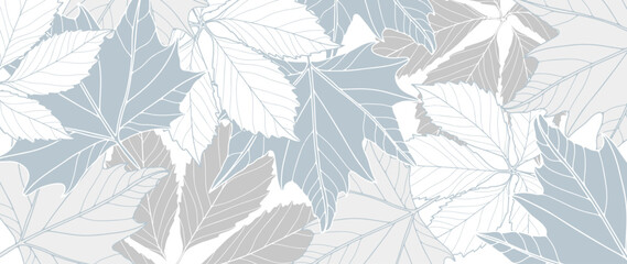 Light autumn botanical background with different leaves in gray tones. Background for decor, wallpapers, postcards, covers and presentations, social media posts.