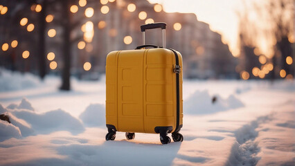 Winter season with stylish yellow suitcase on city landscape and blurred lights 