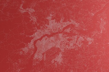 Map of the streets of Bamako (Mali) made with white lines on red paper. Top view, rough background. 3d render, illustration