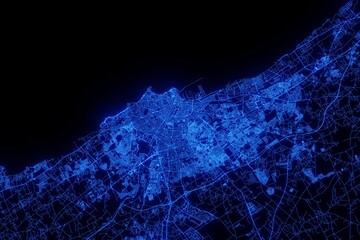 Street map of Casablanca (Morocco) made with blue illumination and glow effect. Top view on roads network