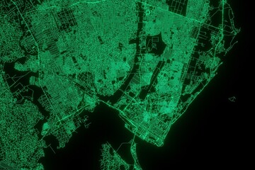 Map of the streets of Maputo (Mozambique) made with green illumination and glow effect. Top view on roads network. 3d render, illustration