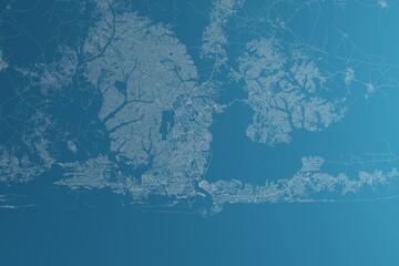 Map of the streets of Lagos (Nigeria) made with white lines on blue paper. Rough background. 3d render, illustration