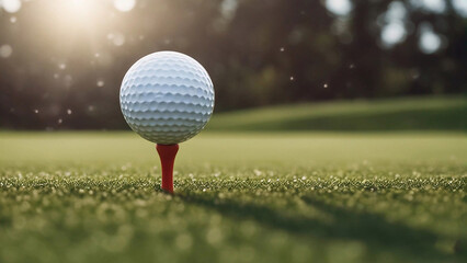 Close-up of golf ball on tee with blurred background and sunlight. 