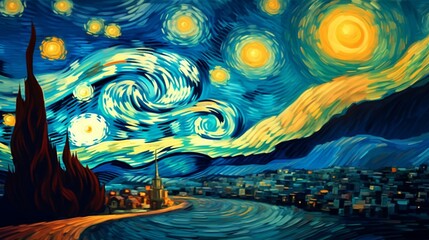 Starry Night by Vincent van Gogh in the style of macar.Generative AI.