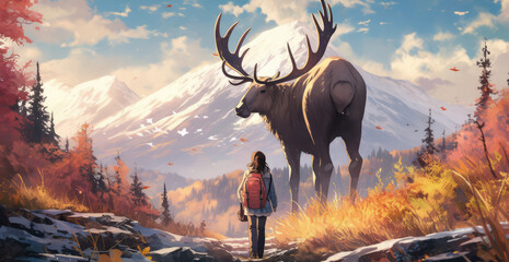 Woman hiking outdoor in a beautiful scenery, wildlife moose - Generative AI