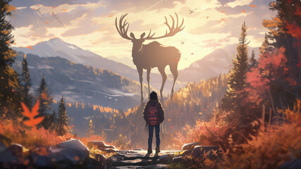 Woman hiking outdoor in a beautiful scenery, wildlife moose - Generative AI