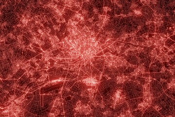 Obraz na płótnie Canvas Street map of Frankfurt (Germany) made with red illumination and glow effect. Top view on roads network. 3d render, illustration