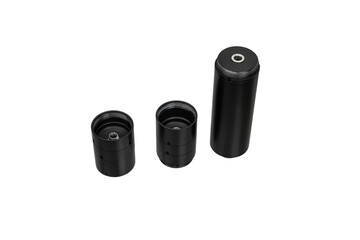 Black silencer for weapons. Suppressor that is at the end of an assault rifle. Isolate on a white...